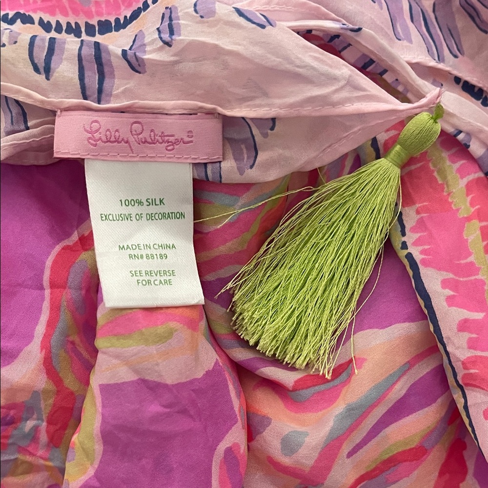 Lilly Pulitzer Square Pink and Lime Silk Scarf Amethyst Sunseekers Tasseled